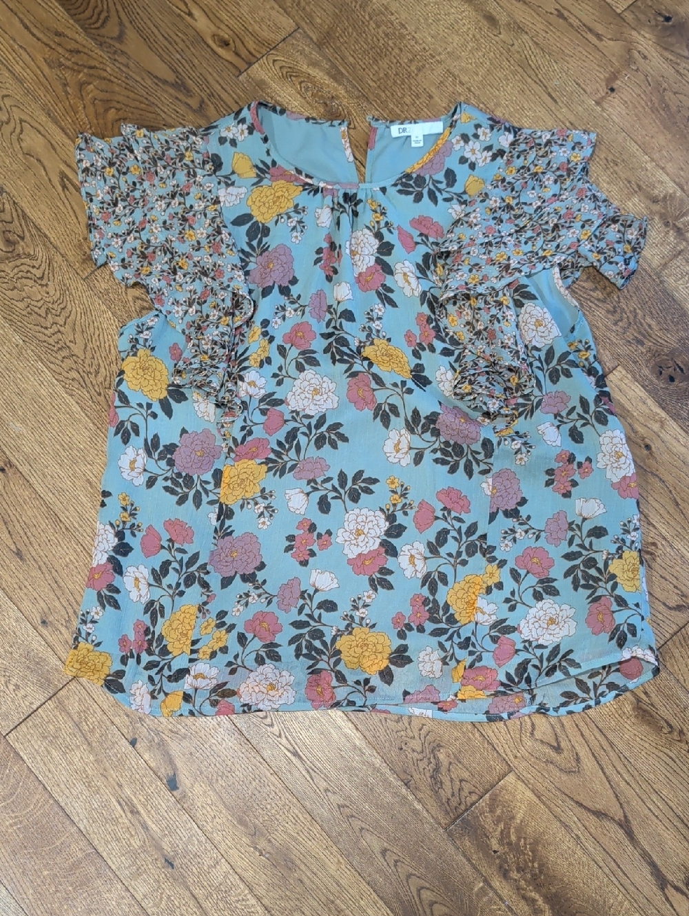 DR2 Light Blue Floral Ruffle Sleeve Blouse with Mustard and Rose Accents